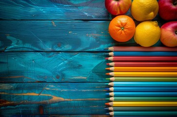 Colorful pencils and fruits on blue wooden background with copy space. Back to school concept.