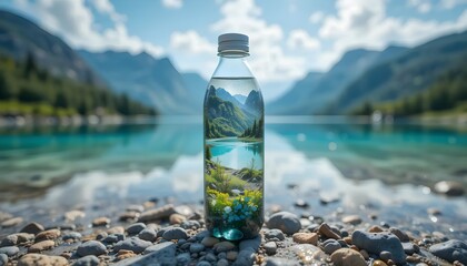 Pristine Reflection: A refreshing bottle of water, held in the tranquil heart of nature, mirroring a stunning mountainscape vista in transparent purity. 
