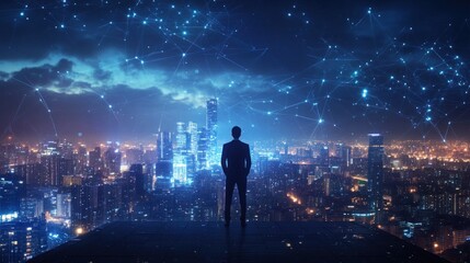 Fototapeta premium Night Cityscape: A Man's Vision of Global Connectivity