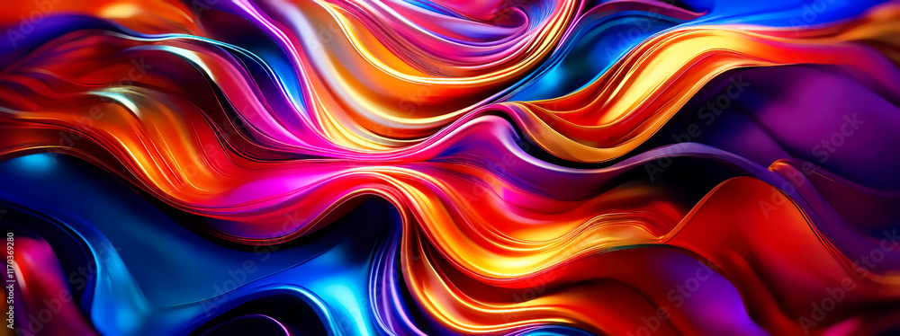 Poster d render, abstract background with multicolored wavy lines. multicolored liquid flow.