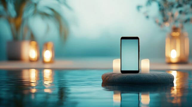 A smartphone app guiding a virtual meditation session with immersive visuals.