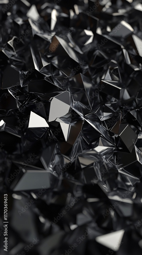 Poster abstract close-up of glossy black geometric shapes with sharp angles and reflections.