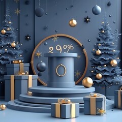 Festive Christmas sale scene with 29% off discount on a podium.