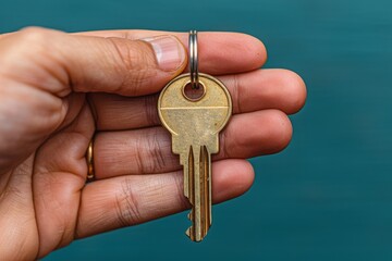 Key in the hand on a blue background. The concept of buying or selling real estate.