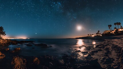Night Sky Over Coastal California Ocean Beach Houses