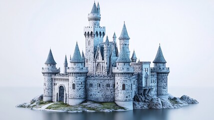 Fototapeta premium Majestic stone castle with towering spires, surrounded by calm waters, creating a serene fairy-tale atmosphere.
