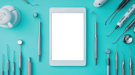 A fashionable white tablet surrounded by a variety of dental instruments on a blue background, top...