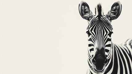 A striking close-up of a zebra, highlighting its unique black and white stripes against a soft, minimalistic background.