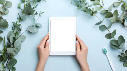 A mockup of a fashionable white tablet in female hands, top view. A woman holds a tablet with a white screen next to a toothbrush and eucalyptus twigs. The concept of dental treatment