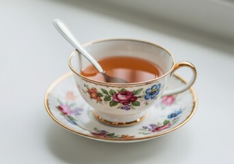 Elegant floral teacup with spoon on white surface for afternoon tea settings