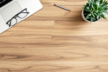 Top view of a wooden desk with a laptop, glasses, pen, and a green potted plant. Light wood background. Concept of workspace, design, and minimalism. Ai generative