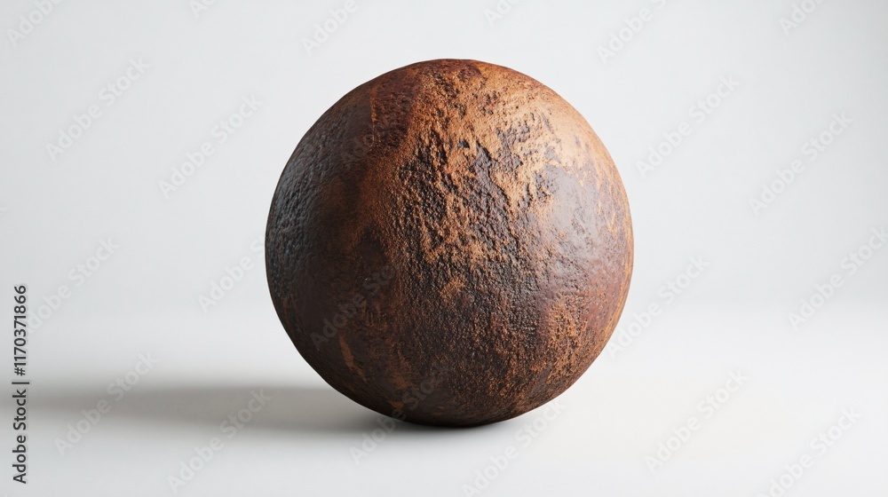Poster textured brown sphere with a rust-like finish, showcasing intricate patterns and a rugged appearance