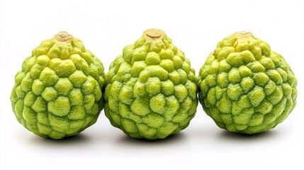 Fototapeta premium Three vibrant green bergamot fruit, showcasing unique bumpy texture and organic shapes, perfect for culinary and aromatic uses.