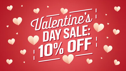 10 percent Off. Discount creative composition. 3d sale symbol with decorative objects, heart shaped balloons, golden confetti, podium and gift box. Sale banner and poster. Vector illustration.
