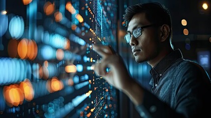 Focused man interacts with a futuristic, data-rich digital interface.