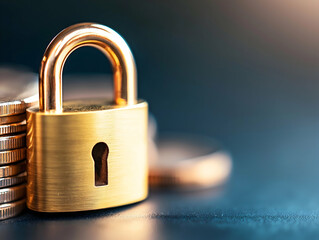 Fototapeta premium A golden padlock rests on a stack of coins, symbolizing security and protection of financial assets.