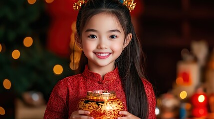Naklejka premium Little Girl Holding a Golden Bowl with a Beautiful Christmas Tree in the Background Creating a Joyful Festive Atmosphere Filled with Wonder