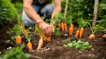 Fototapeta premium A person harvesting carrots from a garden bed, showcasing gardening activities.
