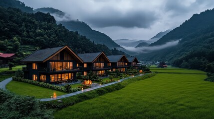 Charming House Nestled in a Lush Green Valley Surrounded by Majestic Mountains and Vibrant Nature Creating a Peaceful and Inviting Atmosphere