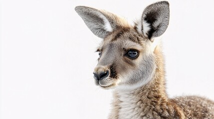 Fototapeta premium Close-up of a young kangaroo with a soft fur and curious expression against a minimalist white background.