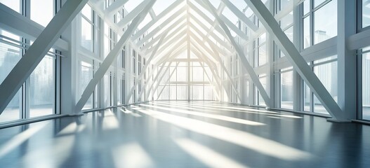A bright and airy interior with white metal beams forming an angular pattern, creating a modern architectural background.
