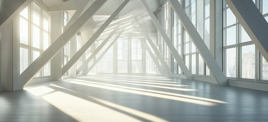 A bright and airy interior with white metal beams forming an angular pattern, creating a modern architectural background.