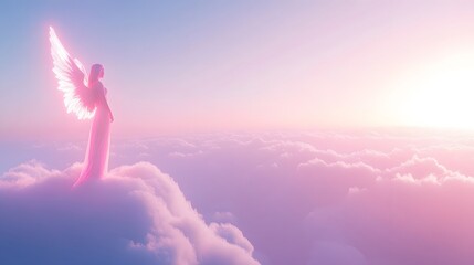 Angelic Figure Stands on Clouds at Sunset