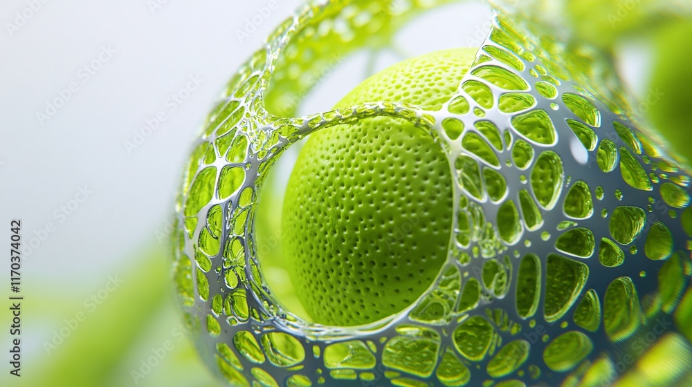 Poster abstract close-up of a green sphere encased in a lattice structure, showcasing intricate details and