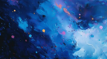 Photo of abstract painting, where multi-colored spots and fluid forms create an emotional atmosphere, featuring a monochromatic scheme with varying shades of blue.