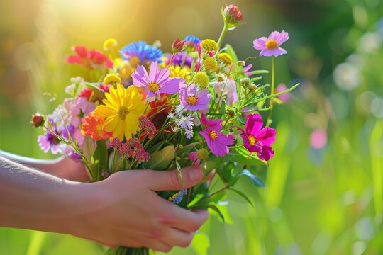 Hands Holding a bundle of freshly picked wildflowers, colorful bouquet of flowers in arms. AI generative
