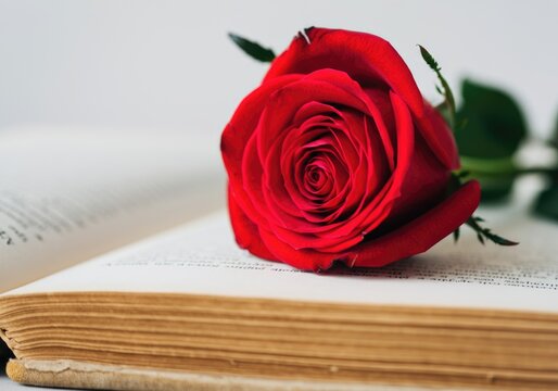 Romantic red rose on open book - symbol of love and poetry