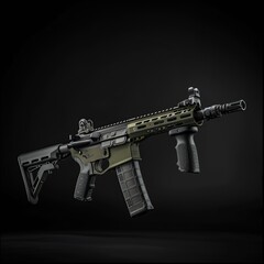 Olive drab assault rifle with black accents, angled view on dark background.