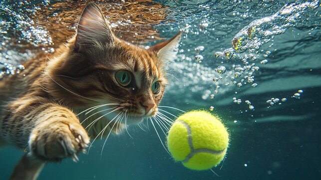 Manx cat underwater, reaching for a yellow tennis ball, bubbles adding dynamic energy.