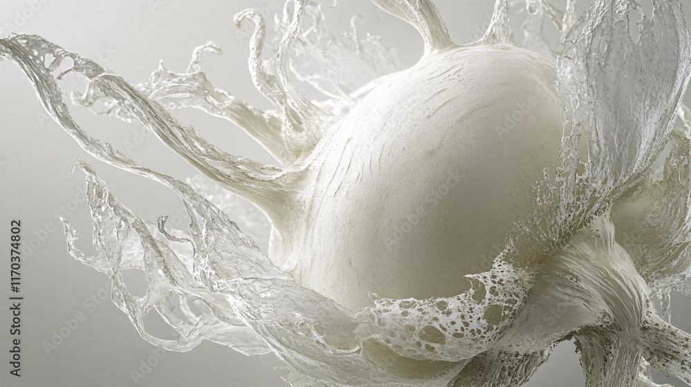 Poster an intricate, abstract representation of a cell showcasing delicate, flowing textures and a soft whi