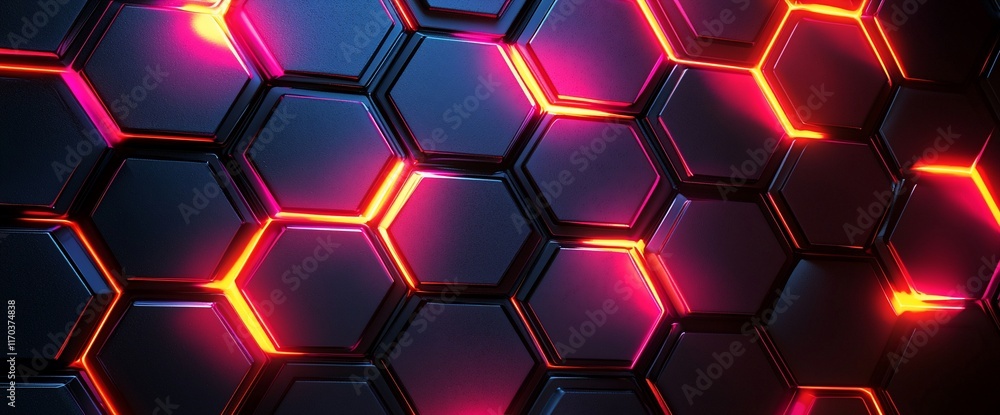 Poster abstract hexagon pattern with neon lights.