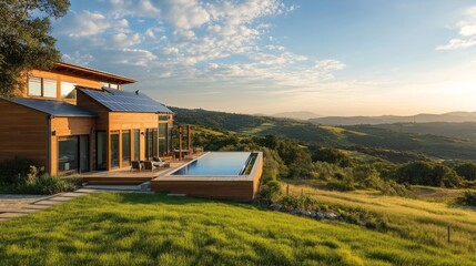 A sustainable modern residence with solar panels and a heat pump system, sitting amidst a scenic green landscape.