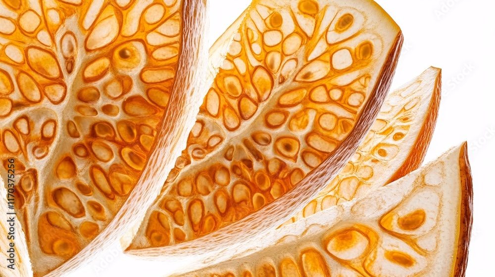 Poster close-up of vibrant orange slices showcasing intricate seed patterns and textures.