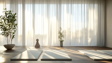 A tranquil retreat space featuring large windows, sheer curtains, yoga mats, and minimalist decor, bathed in warm natural light