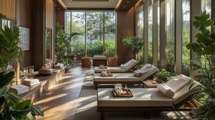 A tranquil spa-like interior with warm wooden tones, a natural light-filled seating area, and subtle touches of greenery.