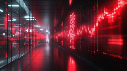 Fototapeta premium Red Digital Corridor: Data Streams and Financial Market Visualization