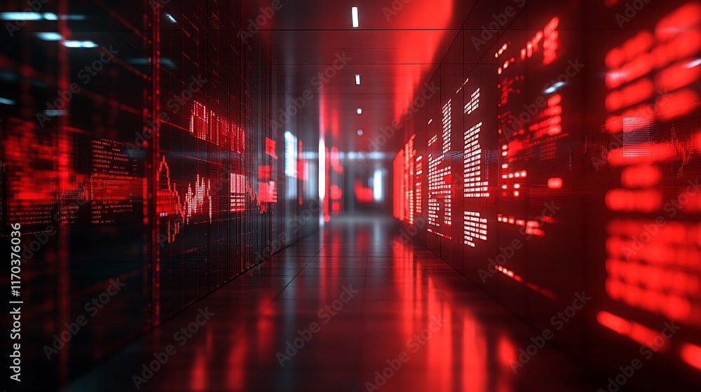 Poster red digital corridor: futuristic data stream visualization