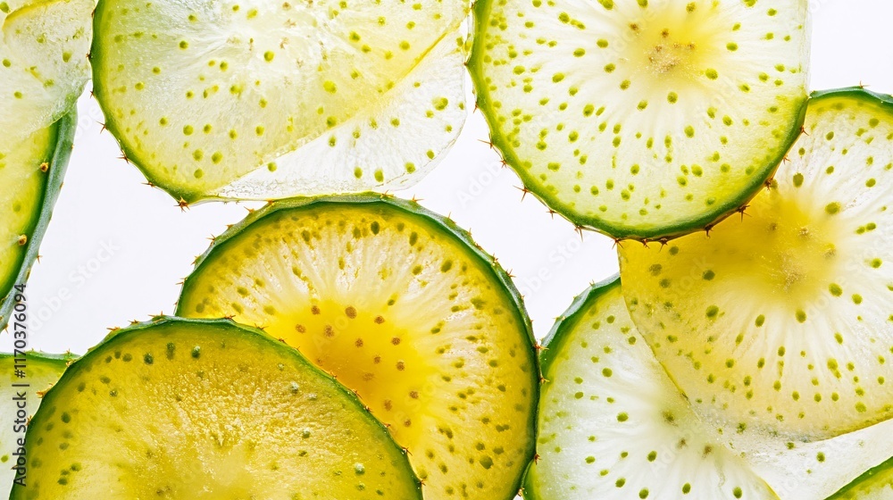 Poster fresh and vibrant cross-sections of prickly pear slices on a light background.