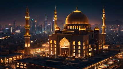 Illuminated Mosque at Night Cityscape Backdrop