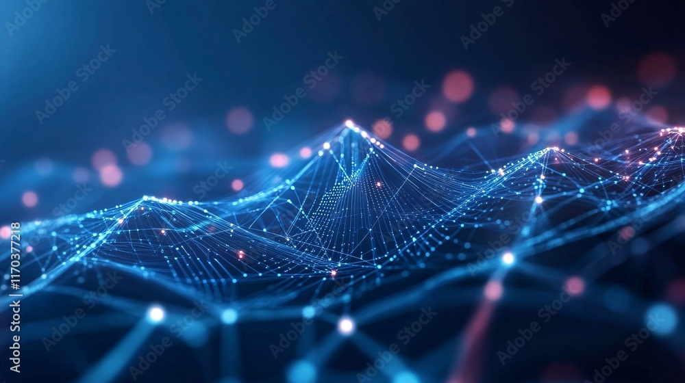 Poster a vibrant abstract visualization of interconnected data points, featuring flowing lines in shades of