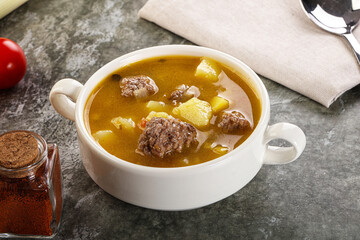Soup with beef meatball and vegetables