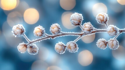 Frosty winter branch with buds against bokeh background.
