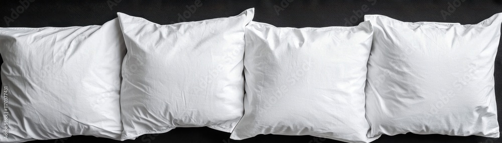 Poster a row of four pristine white pillows arranged neatly on a dark surface, creating a minimalist and se