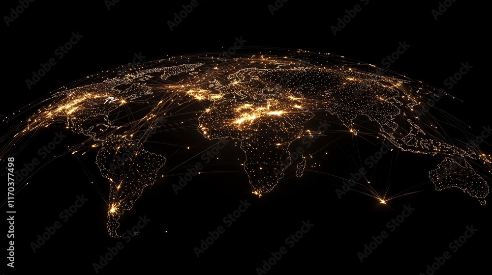 Poster a stunning illuminated view of a digital world map, showcasing global connectivity and data flow.