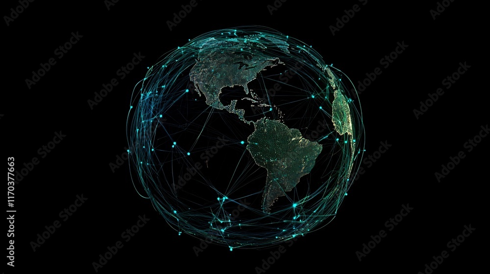 Poster a digital representation of a connected globe, showcasing vibrant networks across continents.