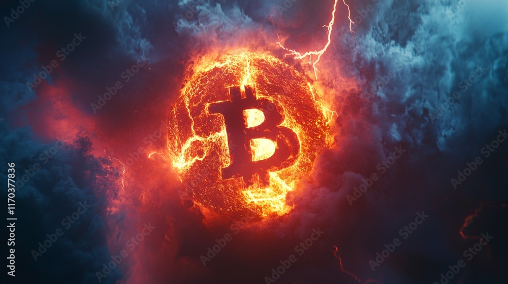 Poster a fiery bitcoin symbol surrounded by dark stormy clouds and lightning, creating a dramatic cosmic ef